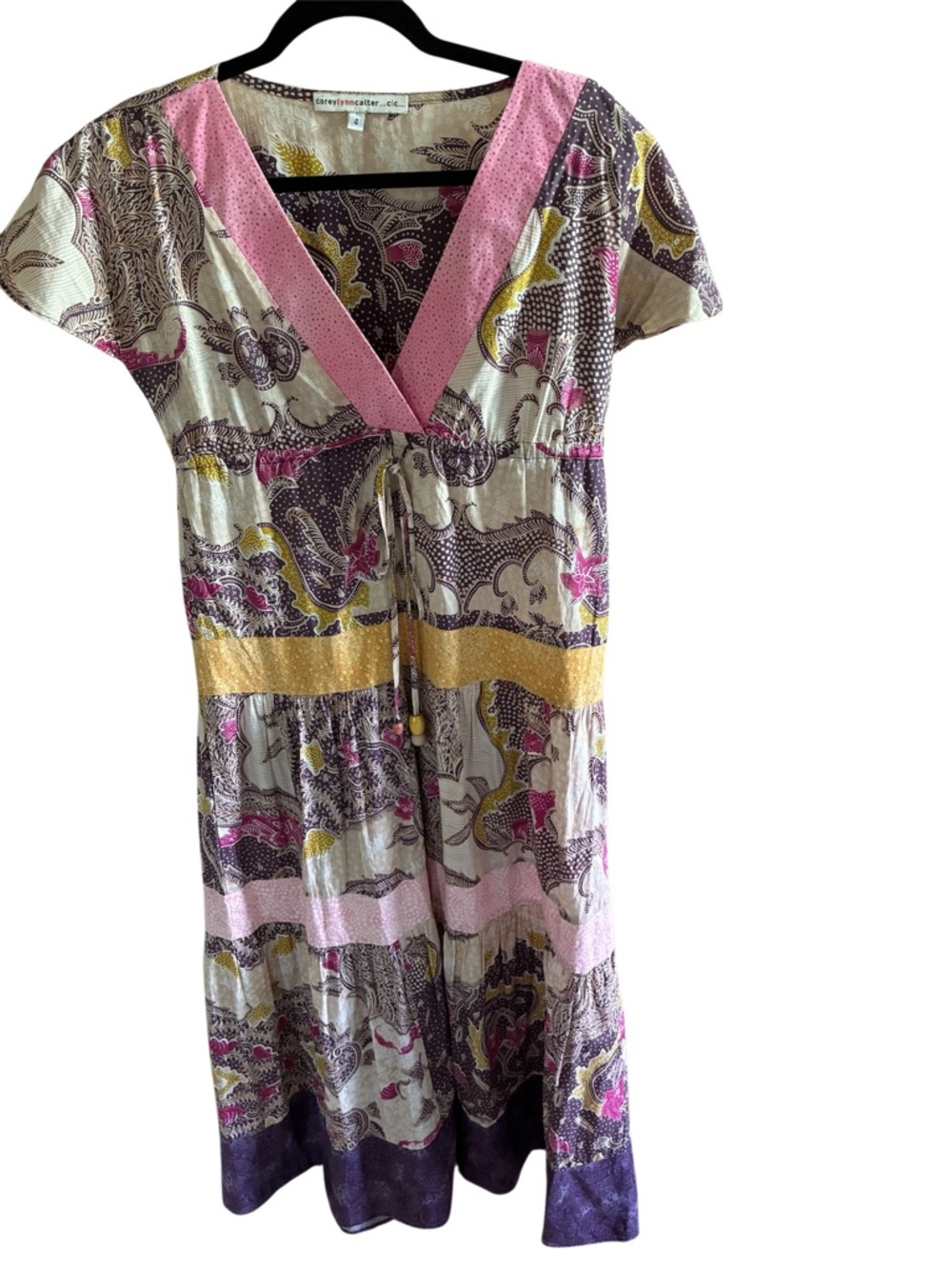 Eclectic Floral V-Neck Midi Dress with Pink Trim. Boho. Corey Lynn Carter